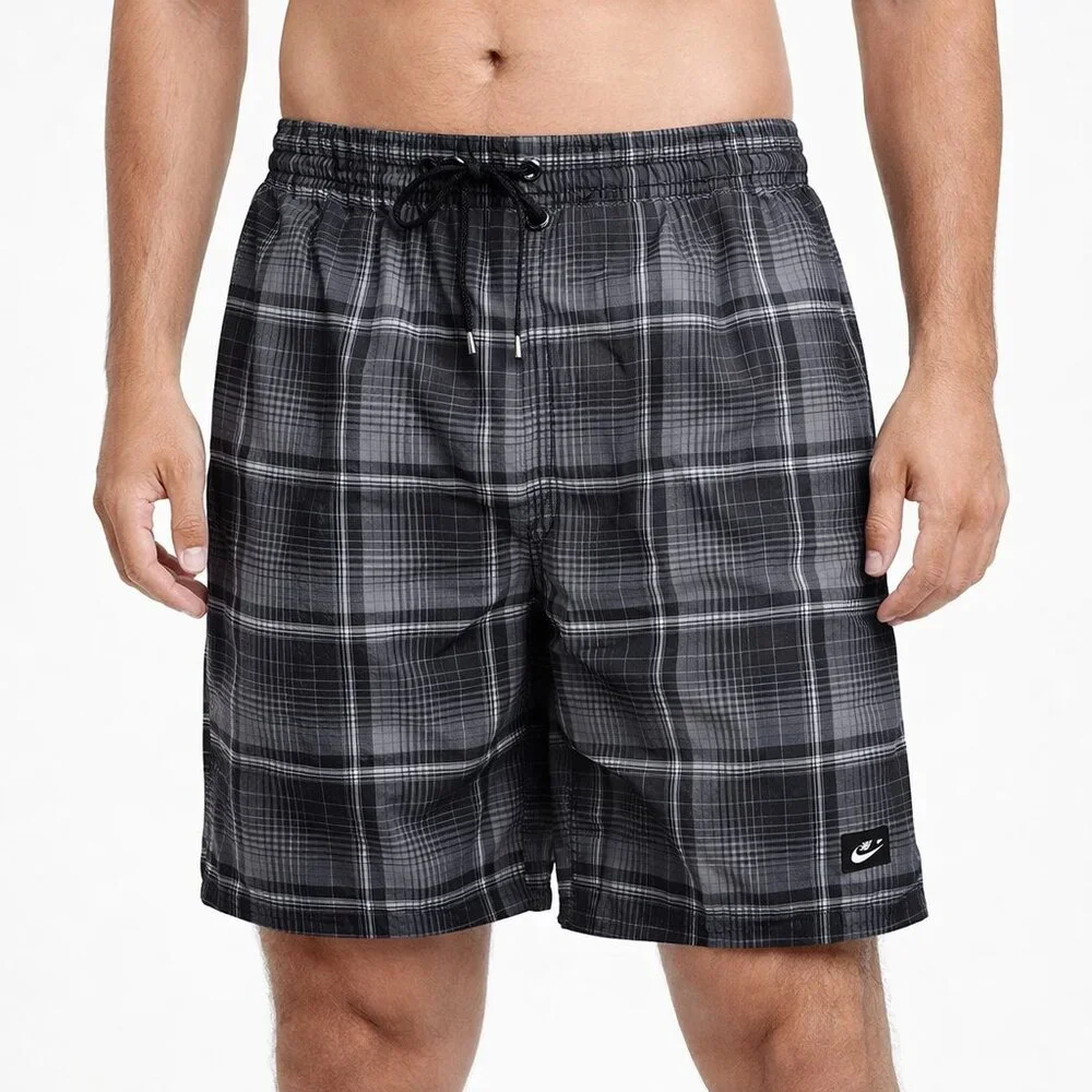 O’Neill Men’s Plaid Board Swim Trunks Adjustable Waist Black Gray
